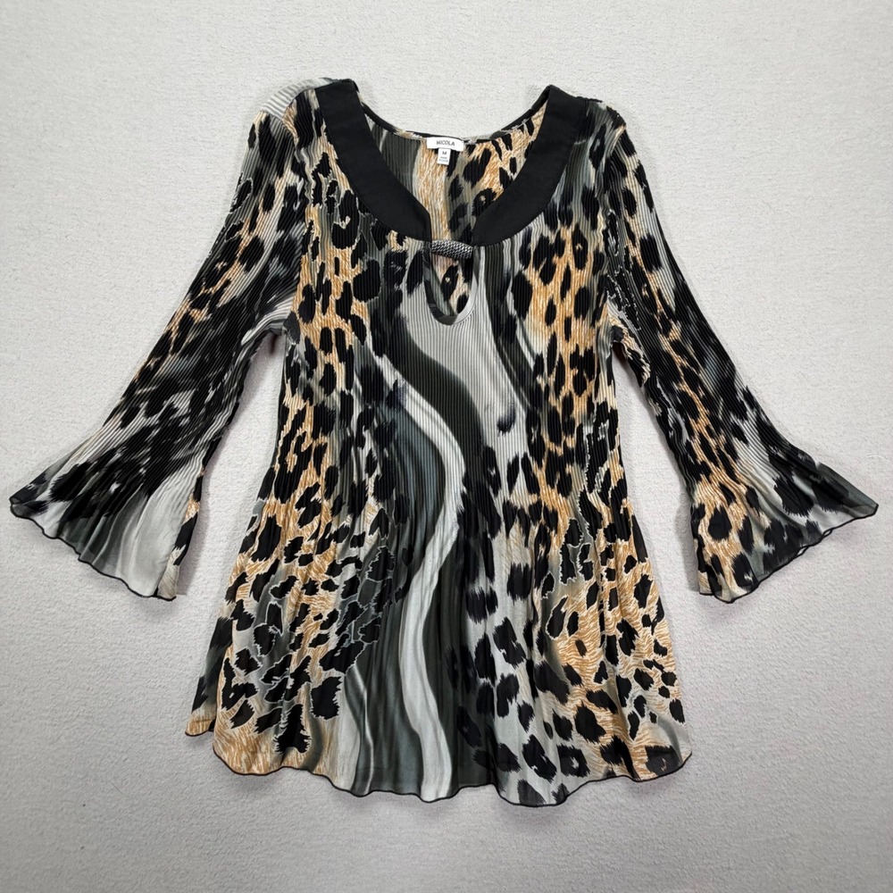Nicola Tunic Top Womens Medium Brown Animal Print Pleated Bell Sleeve V-Neck